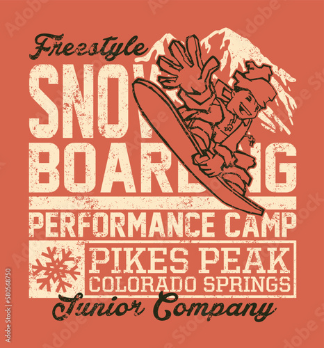 Cute snowboarder junior snowboard camp vector artwork for children kids wear  grunge effect in separate layer