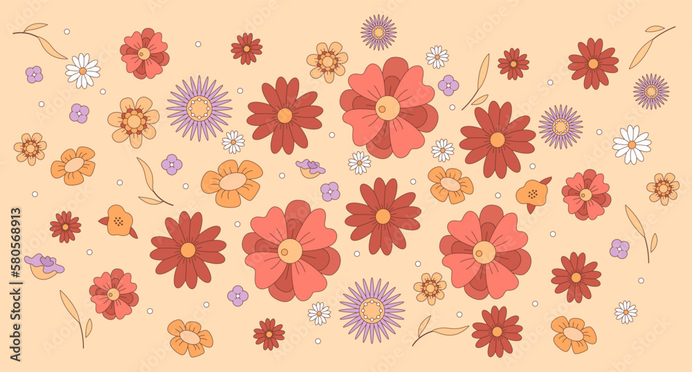 Countryside flowers flat color vector illustration. Pattern image. Wildflowers blossoming. Summertime flora blooming. Fully editable 2D simple cartoon ornament with light orange background