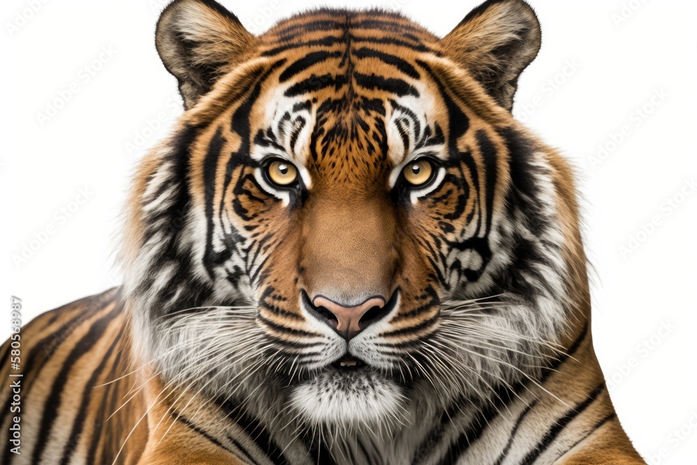 Naklejka premium Close up of a male tiger facing the camera, big cat, on a white background. Generative AI