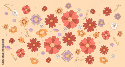 Wallpaper Mural Countryside flowers flat color vector illustration. Pattern image. Wildflowers blossoming. Summertime flora blooming. Fully editable 2D simple cartoon ornament with light orange background Torontodigital.ca