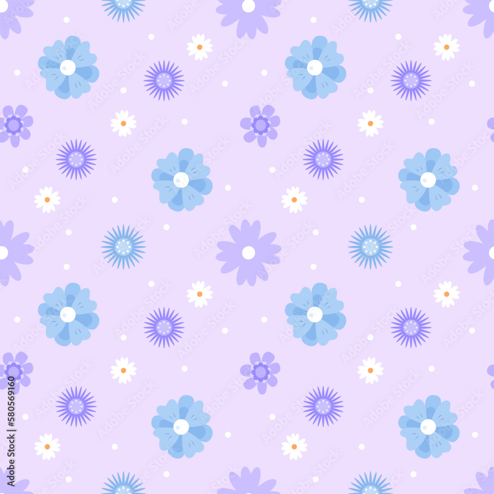 Purple flowers aesthetic seamless pattern background. Fully editable 2D flat color illustration. Trendy cartoon vector graphics. Creative backdrop image for textile, fabric, wallpaper design Purple flowers aesthetic seamless pattern background. Fully editable 2D flat color illustration. Trendy cartoon vector graphics. Creative backdrop image for textile, fabric, wallpaper design