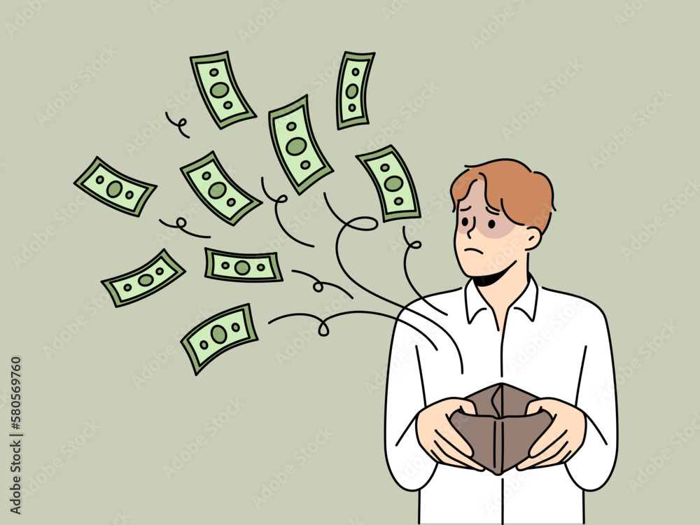 Distressed man with empty wallet suffer from bankruptcy. Unhappy frustrated male have cash flowing from purse. Finance problems. Vector illustration. Distressed man with empty wallet suffer from bankruptcy. Unhappy frustrated male have cash flowing from purse. Finance problems. Vector illustration.