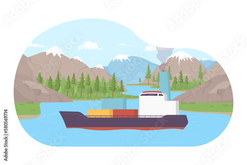 Floating cargo ship flat concept vector illustration. Transportation boat. Flash message with flat 2D scene on cartoon isolated background. Colorful editable image for mobile, website UX design