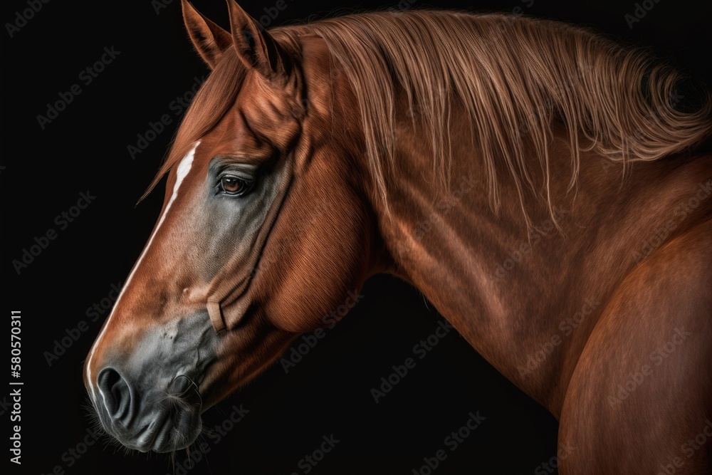 Fototapeta premium Portrait of a red horse in a studio against a black background. Generative AI
