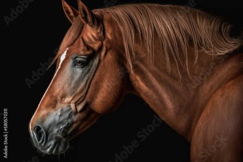 Portrait of a red horse in a studio against a black background. Generative AI