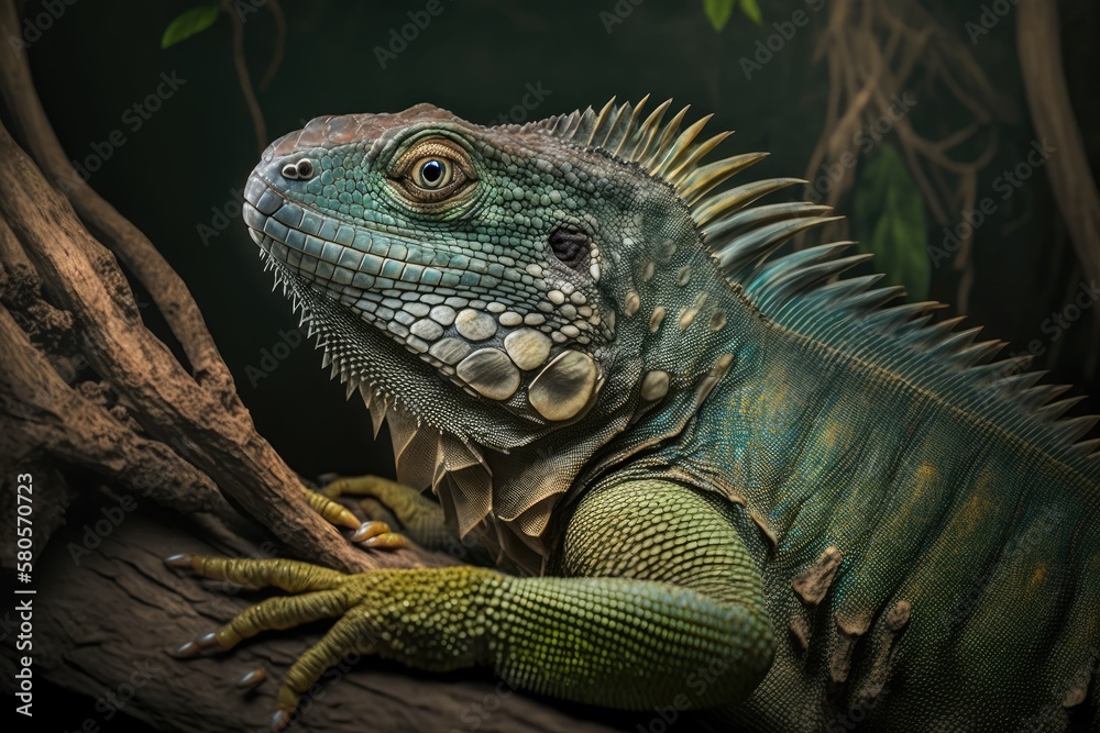 Green iguana, portrait of an animal sitting on a branch, close up. Generative AI Green iguana, portrait of an animal sitting on a branch, close up. Generative AI