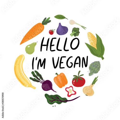 I am vegan sign with vegetables.Handwritten lettering quotes in organic, bio product frame. Vector stock illustration isolated on white background. Print for a t-shirt vegetables and slogan I am vegan