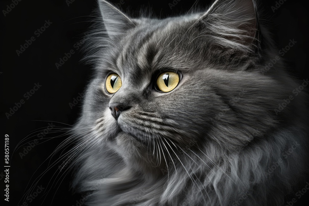 Front view of a portrait of a gray cat with fur looking at a black background. Generative AI