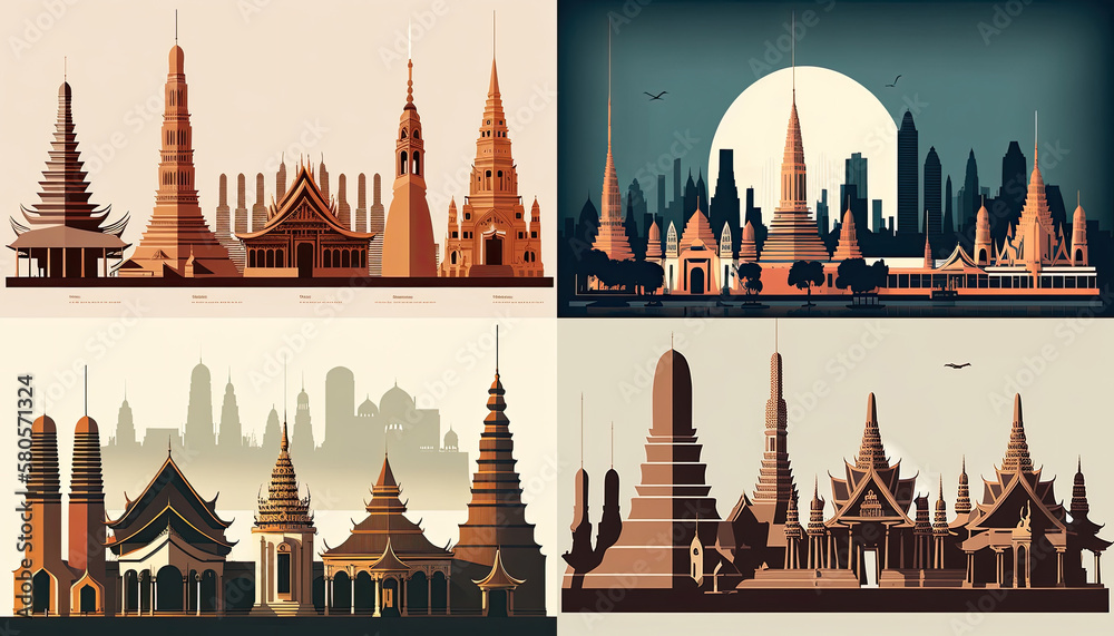 Bangkok thailand landmarks, vector illustration silhouette, Made by AI,Artificial intelligence
