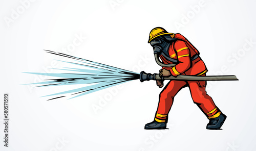 Vector drawing. Firefighter puts out the fire