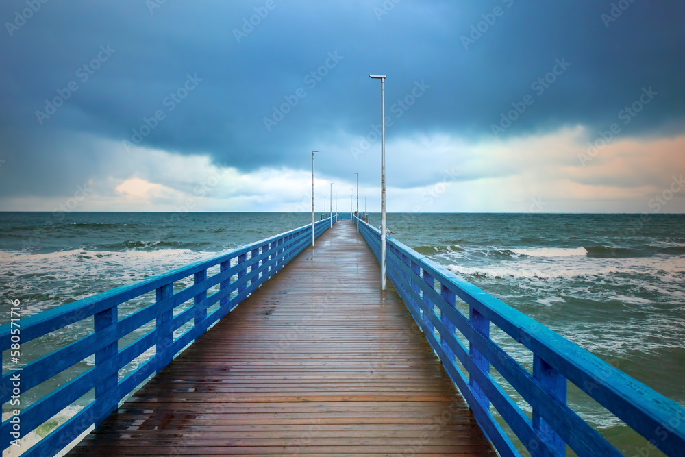 wooden promenade, pedestrian boardwalk embankment, walking bridge over the sea