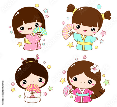 Set of cute little girls with fans in kawaii style. Hanami season collection of Japanese traditional toy kokeshi doll in kimono. Vector illustration EPS8  