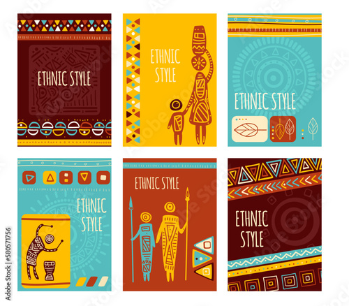 Set of ethnic banner, background, flyer, placard with tribal ornaments. Vertical poster, template card, sticker with geometric patterns and silhouettes of hunter, woman with child. Vector illustration