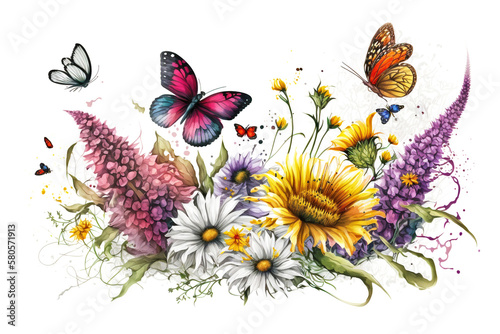Flowers and butterfly floral design element  illustration generative AI