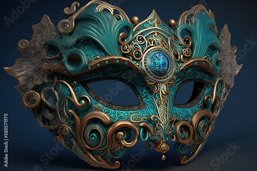 Beautiful carnival golden mask with turquoise color with lies on the table. Generative AI