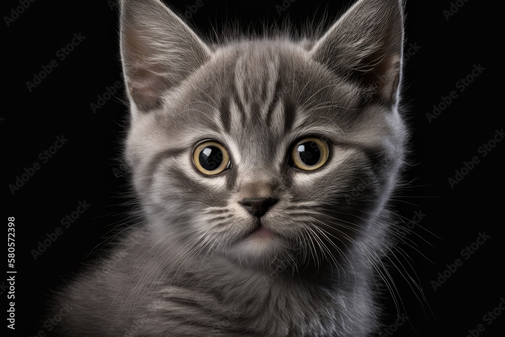 Close up portrait of a gray kitten staring straight into the camera on a black background. Generative AI
