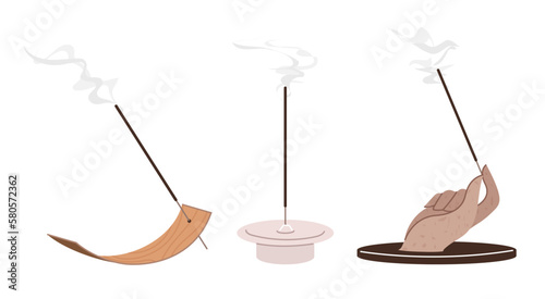 A collection of incense sticks and incense holders. Meditation or incense concept illustration.