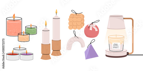 A collection of various scented candles. Illustration of scented candles and scented candle warmers.