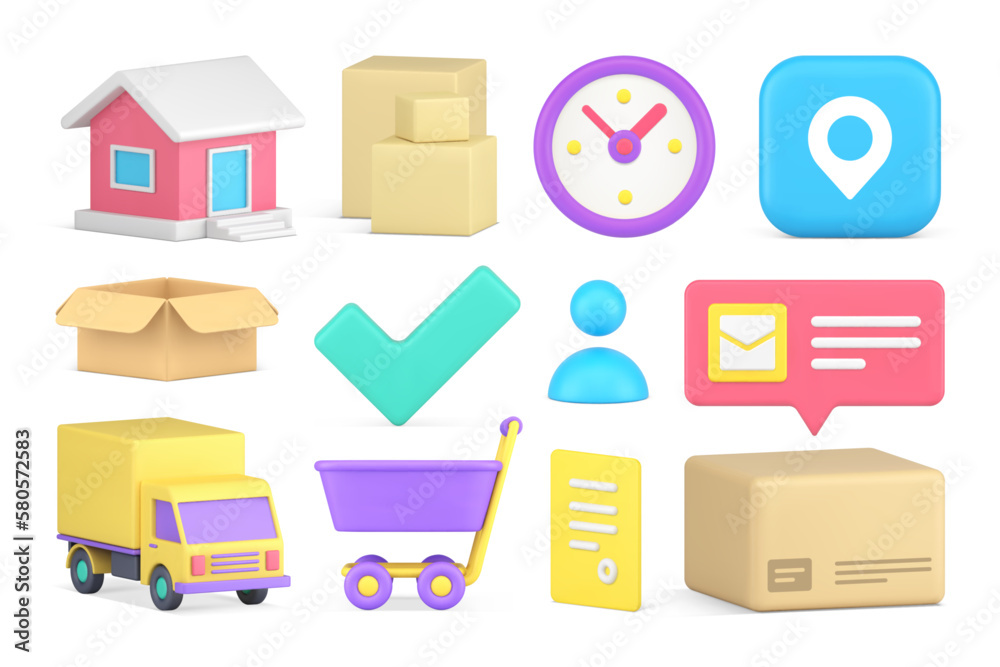 Obraz premium Delivery 3d icon set commercial cargo shipment online shopping postal courier transportation vector