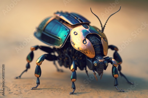 A robotic beetle, a combination of a machine and an insect, a futuristic vision of the future, AI generated