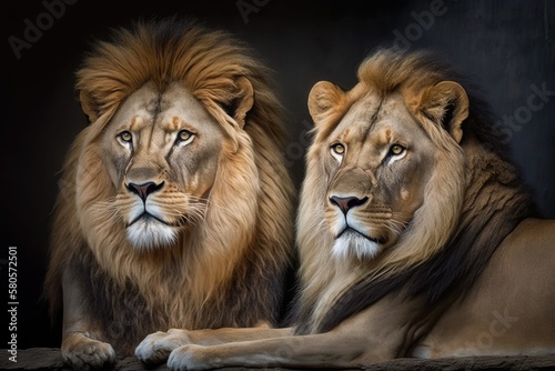 A pair of full grown lions in a zoo. Generative AI