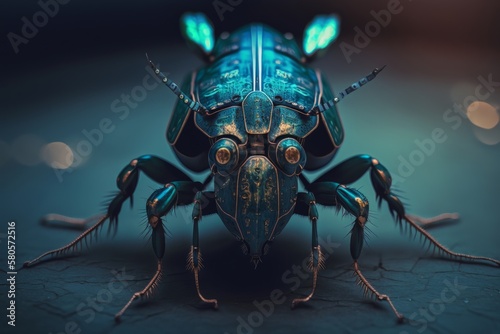 A robotic beetle, a combination of a machine and an insect, a futuristic vision of the future, AI generated