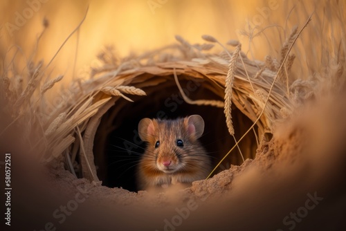 A field mouse sitting in the entrance to its burrow, AI generated