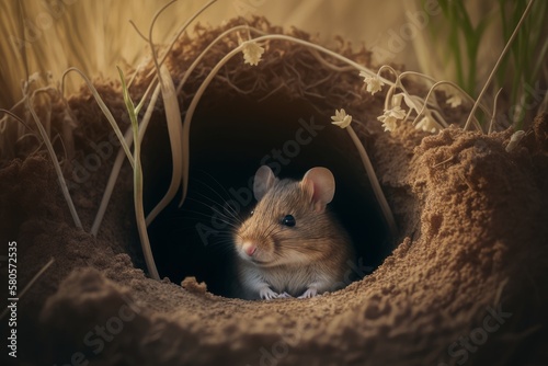 A field mouse sitting in the entrance to its burrow, AI generated