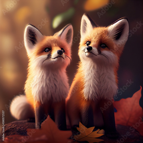 Cute baby red foxes, generative AI © Grafvision