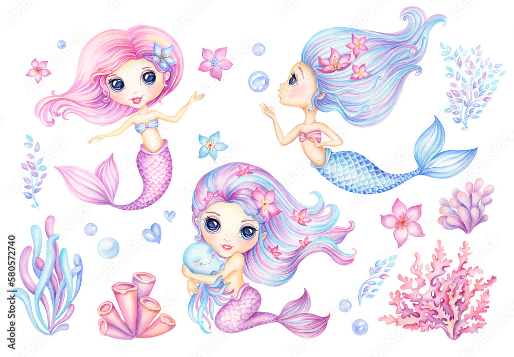 Cute Mermaid, Set beautiful Little Mermaids watercolor clipart, Fairytale Sea Cartoon Illustration, Undersea Baby princess with octopus, seaweed, coral and flowers for girls birthday invitation card - obrazy, fototapety, plakaty 