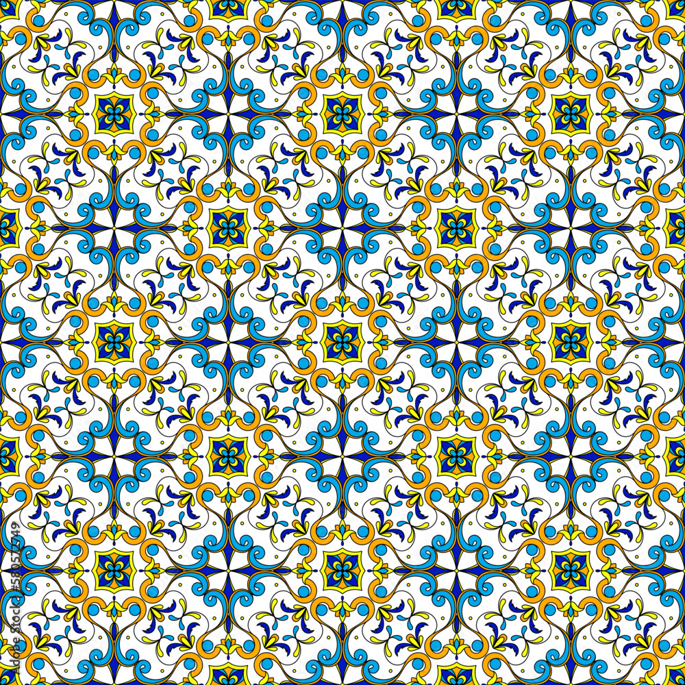 Italian tile pattern vector seamless with vintage ornaments. Portuguese azulejos, mexican talavera, italy sicily majolica motifs. Tiled texture for ceramic kitchen wall or bathroom mosaic floor