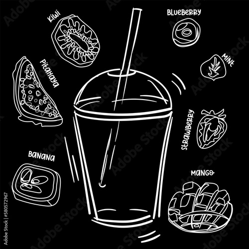 Outline of a cup with a straw for drinks on a black background. White outline of fruit. A hand-drawn empty glass next to fruits and berries. Monochrome graphics. Illustration for printing on the menu