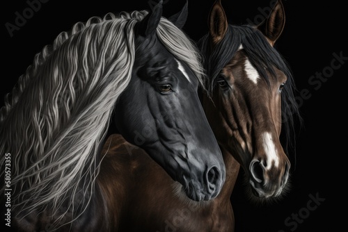 Close up of two horses on a black background. Generative AI