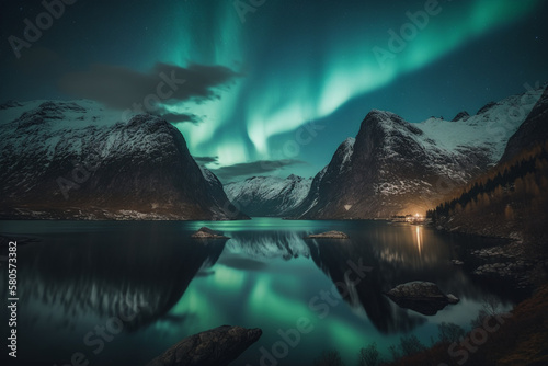 Norway Fjord Aurora Borealis northern lights | Generative AI