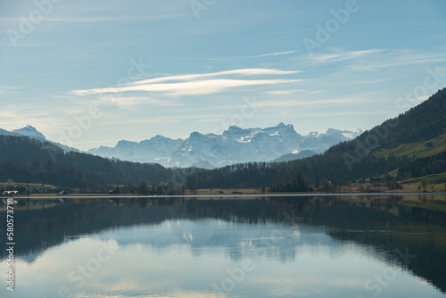 Beautiful alpine scenery at the lake Aegerisee in Switzerland