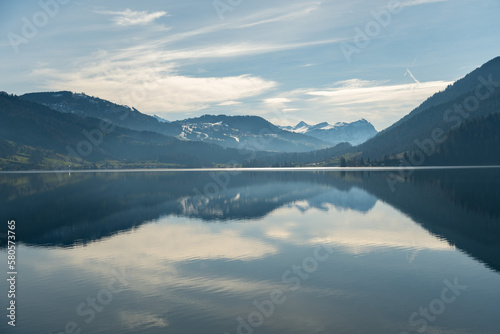Beautiful alpine scenery at the lake Aegerisee in Switzerland
