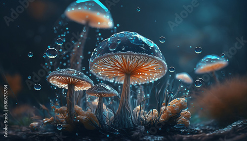 macro world of various mushrooms in the snow, underground biome. Created using artificial intelligence.
