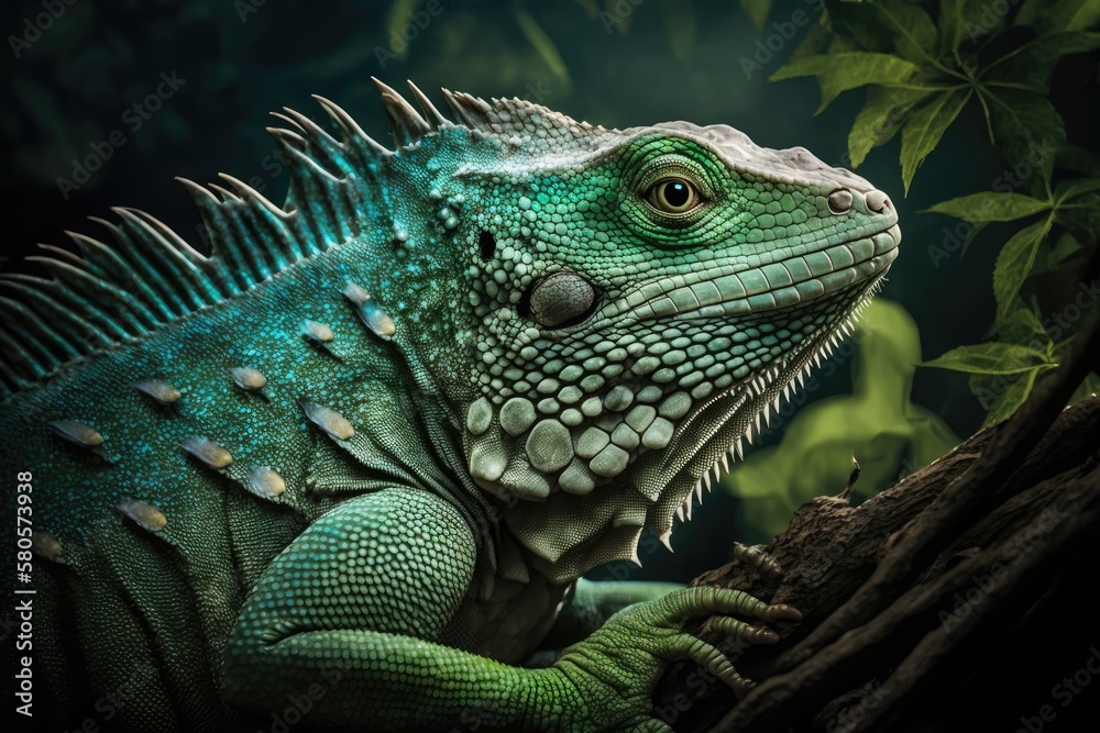 Fototapeta premium Iguana, green, sitting on a branch, portrait, close up. Generative AI
