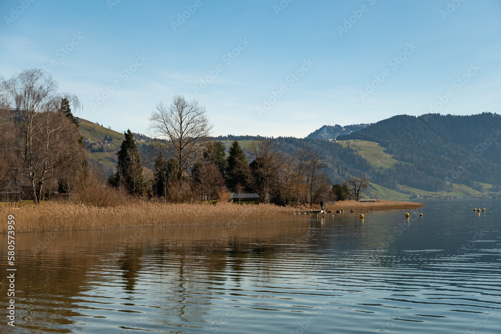 Fototapeta premium Fascinating view over the lake Aegerisee in Switzerland