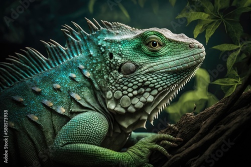 Iguana  green  sitting on a branch  portrait  close up. Generative AI