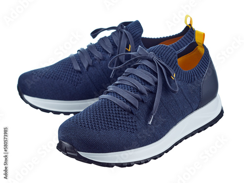  Pair of blue men's sneakers-socks made of knitted elastic material that fits the leg, isolated on a white background.