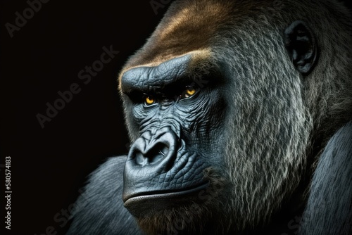 A lovely picture of a gorilla. Male gorilla on black background, closeup face of a gorilla. Generative AI