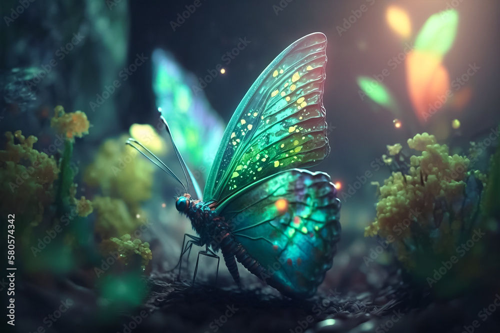 Beautiful glitter butterfly very close to the water surface. Generative AI - obrazy, fototapety, plakaty 