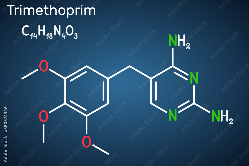 Trimethoprim, TMP molecule. It is antifolate antibiotic used to treat of infections of urinary, respiratory, gastrointestinal tracts. Structural chemical formula on the dark blue background Trimethoprim, TMP molecule. It is antifolate antibiotic used to treat of infections of urinary, respiratory, gastrointestinal tracts. Structural chemical formula on the dark blue background