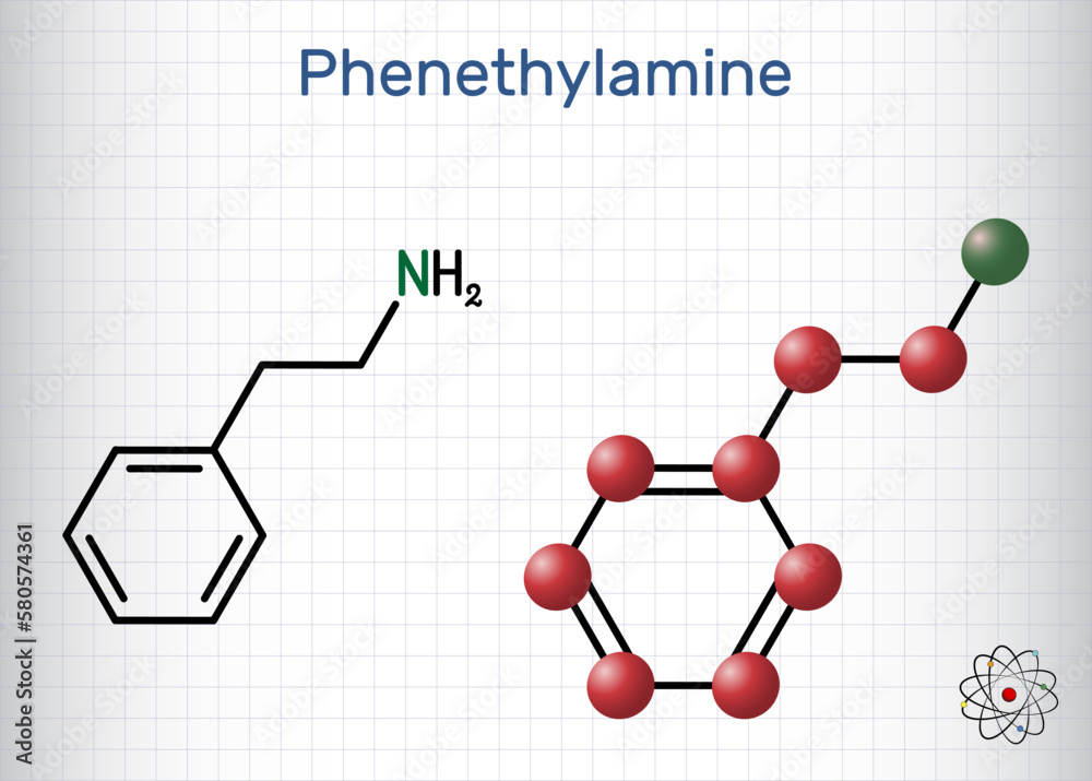 Phenethylamine, PEA molecule. It is monoamine alkaloid, central nervous system stimulant in humans. Structural chemical formula, molecule model. Sheet of paper in a cage Phenethylamine, PEA molecule. It is monoamine alkaloid, central nervous system stimulant in humans. Structural chemical formula, molecule model. Sheet of paper in a cage