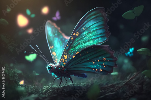 Beautiful glitter butterfly very close to the water surface. Generative AI