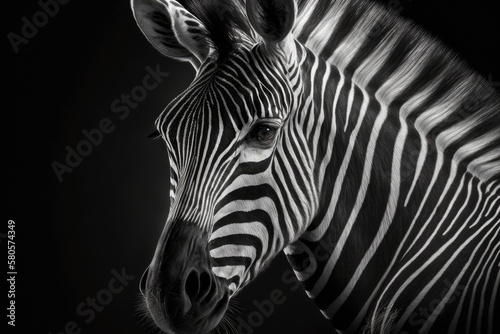 A close up black and white portrait of a zebra that draws attention to its pattern. Generative AI