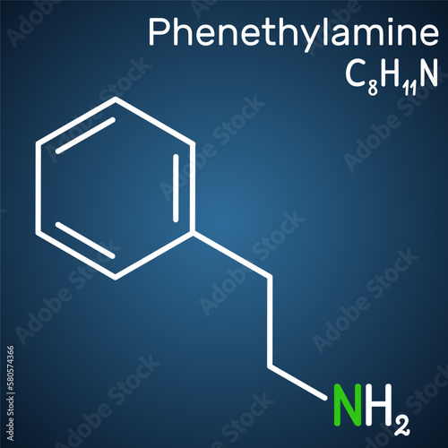 Phenethylamine, PEA molecule. It is monoamine alkaloid, central nervous system stimulant in humans. Structural chemical formula on the dark blue background.
