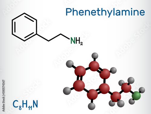 Phenethylamine, PEA molecule. It is monoamine alkaloid, central nervous system stimulant in humans. Structural chemical formula and molecule model.