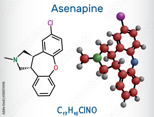Asenapine molecule. It is atypical antipsychotic, used to treat bipolar disorder and schizophrenia. Structural chemical formula, molecule model.